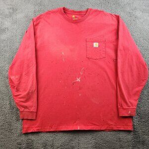 Carhartt Shirt Mens 2XL Red Original Long Sleeve Workwear Distressed Pocket Tee